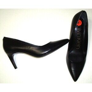 New Womens 9.5 Calvin Klein Pumps Heels Shoes Black Faux Leather Vegan Logo 3"